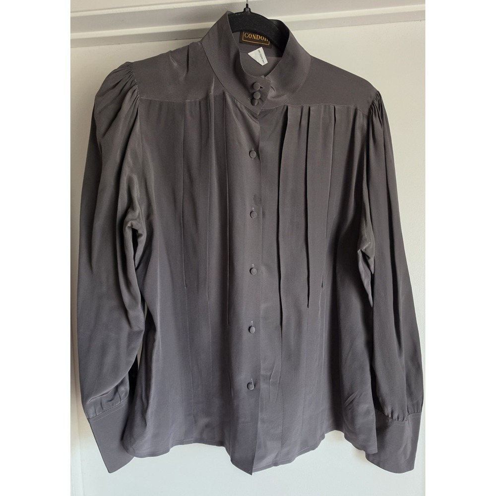VTG Condor 100% Silk Blouse Women Grey Collared Long Sleeve Top Shirt Classic